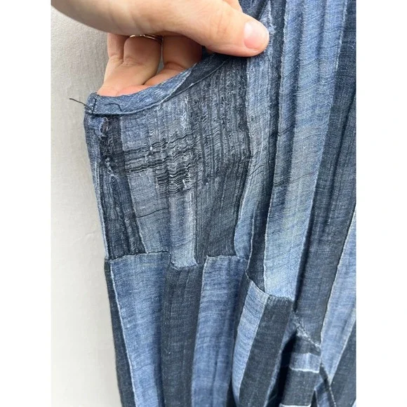 Dress To Kill Blue Striped Cotton Lagenlook Midi Pocket Tank Dress Made USA OS - Picture 2 of 9